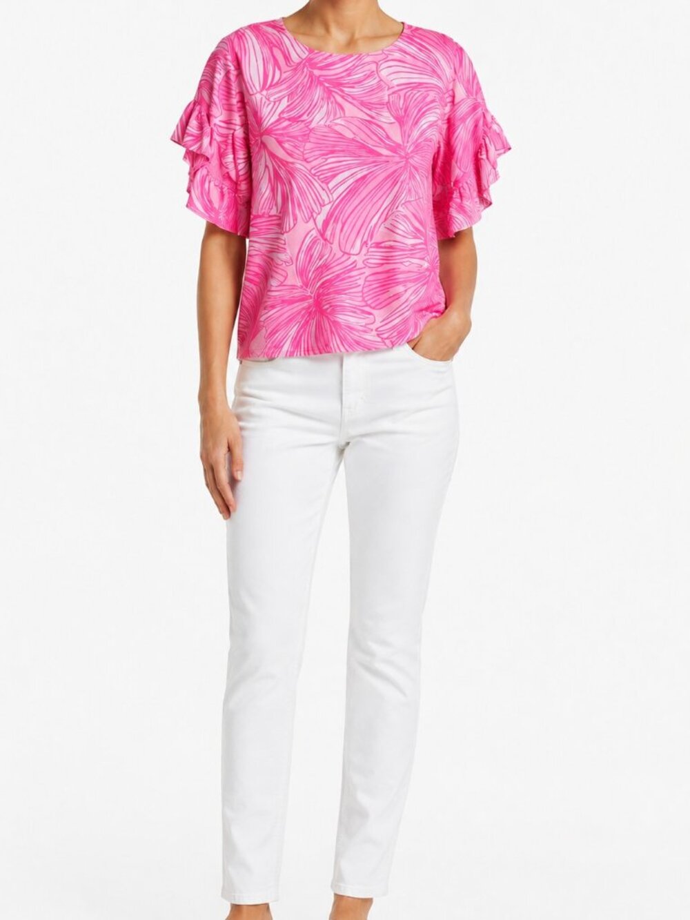 Lilly Pulitzer Pink Top Darlah Floral Ruffle Sleeve Summer Top Relaxed Fit XS